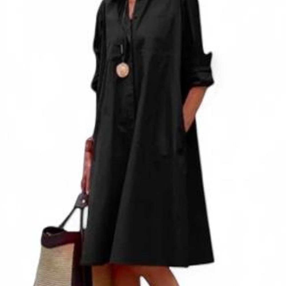 UOOZEE Women's Simple Long Sleeve Black Lapel Midi Dress Button Down Shirt Dress